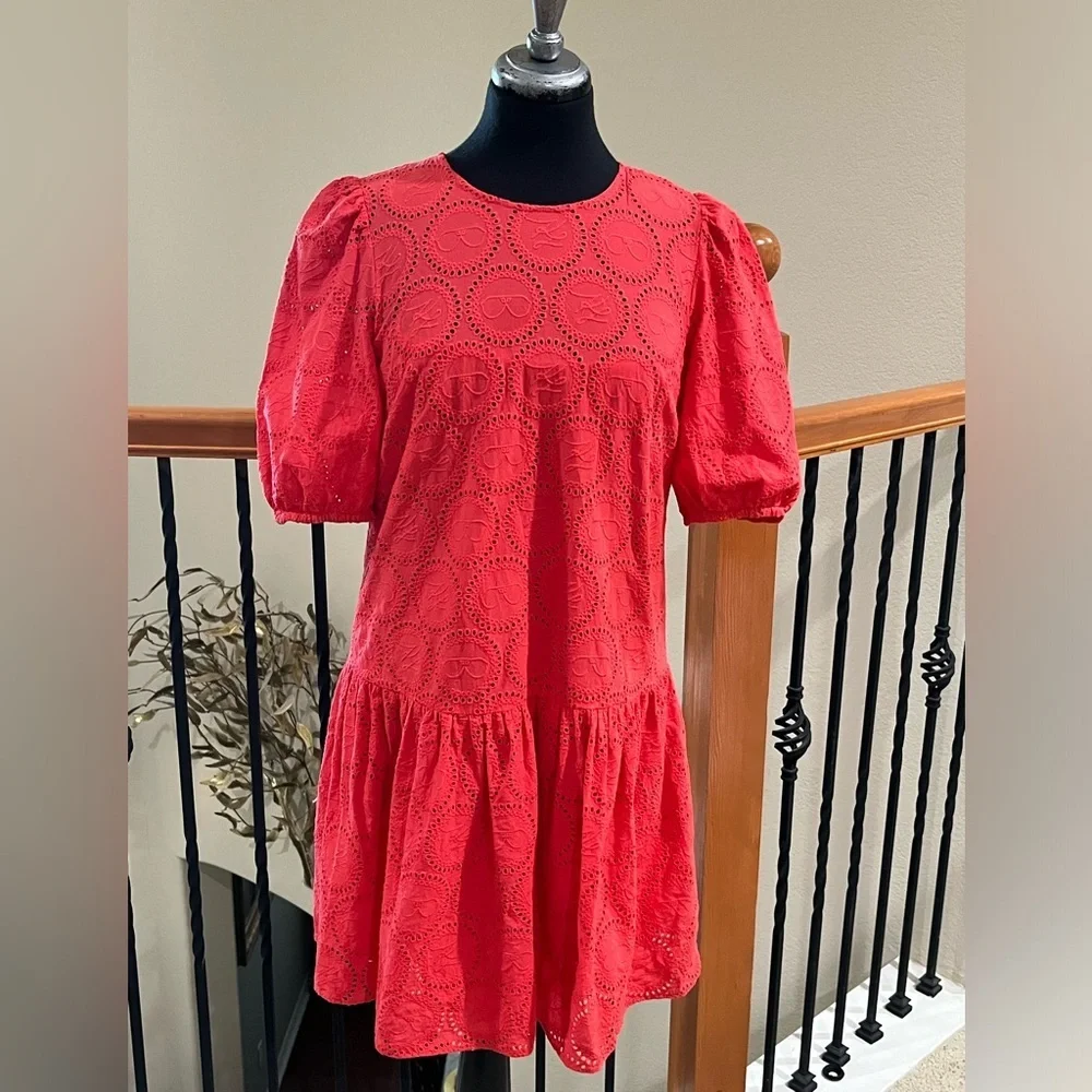 Karl Lagerfeld PARIS CIRCLE ICON CORAL EYELET MINI PUFF SLEEVE DRESS SIZE 8